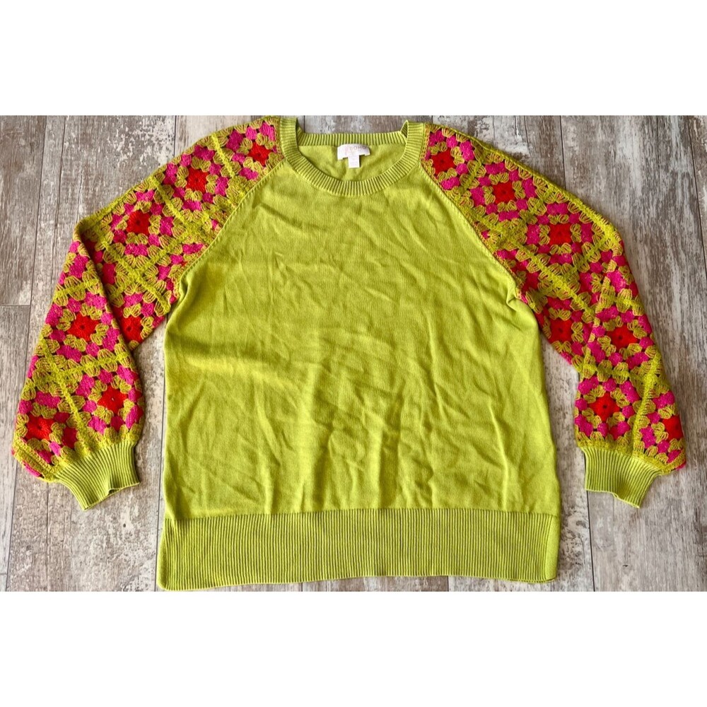 Kim Gravel Belle Boho Granny Square Crochet Sleeve Cotton Sweater Lime Green M